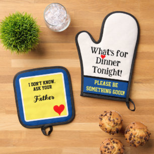 Fun What's For Dinner Ask Your Father Blue Yellow Oven Mitt & Pot Holder Set