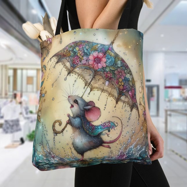 Fun Whimsical April Showers Cute Mouse  Tote Bag (Creator Uploaded)