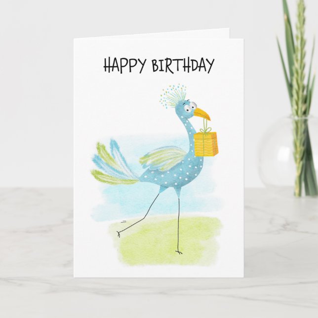 Fun Whimsical Blue Bird with White Spots Birthday Holiday Card (Front)