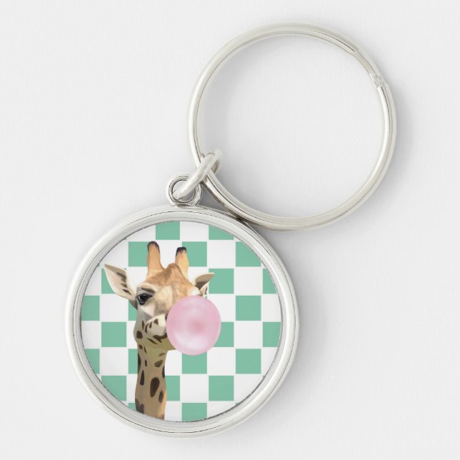Fun Whimsical Bubblegum Blowing Giraffe  Key Ring (Front)
