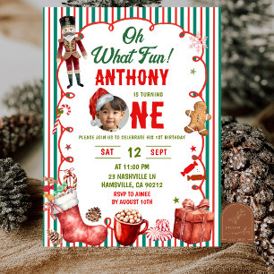 Fun Whimsical Christmas Photo 1st Birthday Invitation