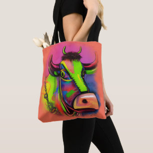 Fun Whimsical Colourful Art Cow Tote Bag