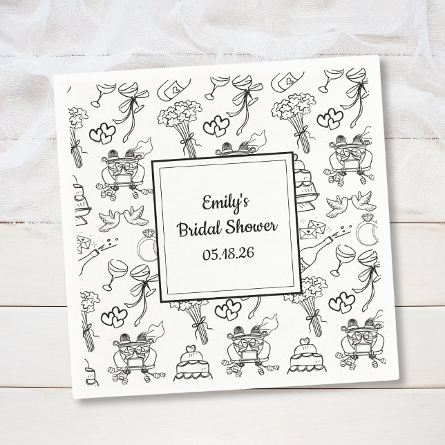 Fun Whimsical Doodle Trendy Cute Bridal Shower Napkin (Custom bridal shower napkins featuring whimsical wedding icons – perfect for a trendy celebration.)