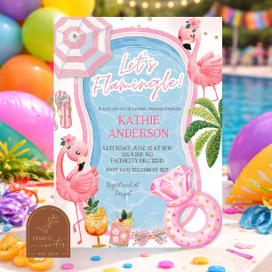 Fun Whimsical Flamingo Bridal Shower Pool Party Invitation