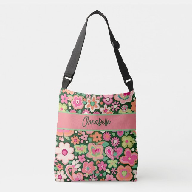 Fun Whimsical Flowers Crossbody Tote Bag (Front)