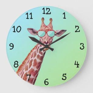 Fun Whimsical Giraffe Wearing Sunglasses on Green Large Clock