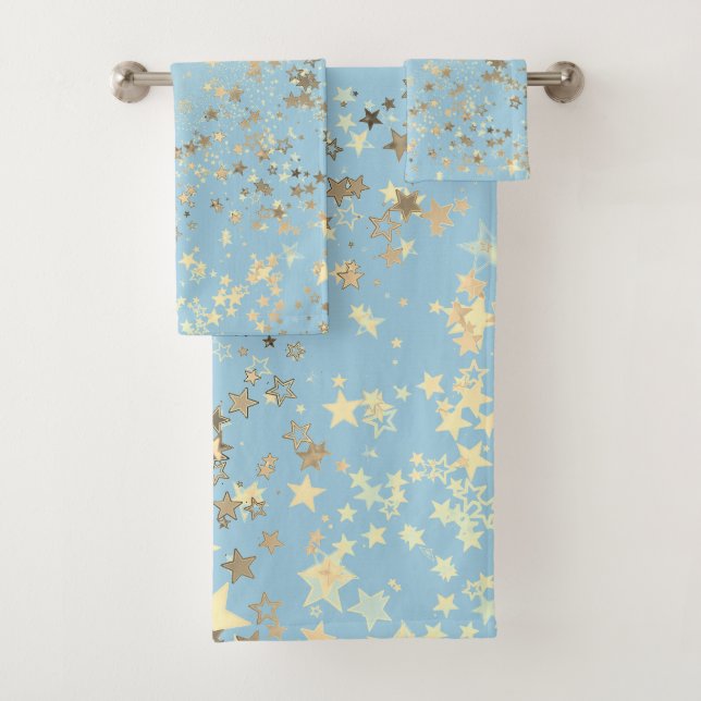 Fun Whimsical Gold Stars on Blue Bath Towel Set (Insitu)