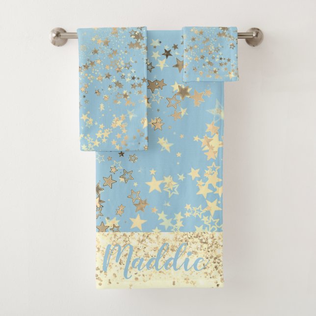 Fun Whimsical Gold Stars on Blue Personalised Bath Towel Set (Insitu)