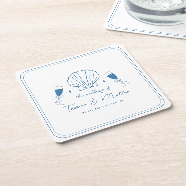 Fun Whimsical Hand Drawn Nautical Coastal Wedding Square Paper Coaster (Angled)