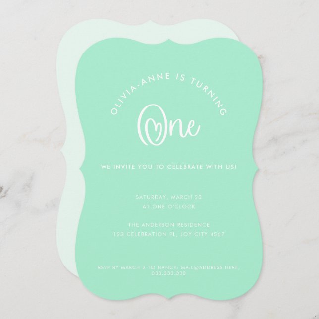 Fun Whimsical Mint Heart Script First Birthday Invitation (Front/Back)