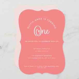 Fun Whimsical Pink Heart Script First Birthday Invitation