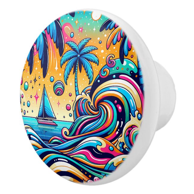 Fun Whimsical Psychedelic Sailboat   Ceramic Knob (Right)