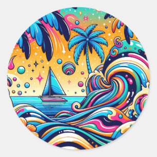 Fun Whimsical Psychedelic Sailboat  Classic Round Sticker