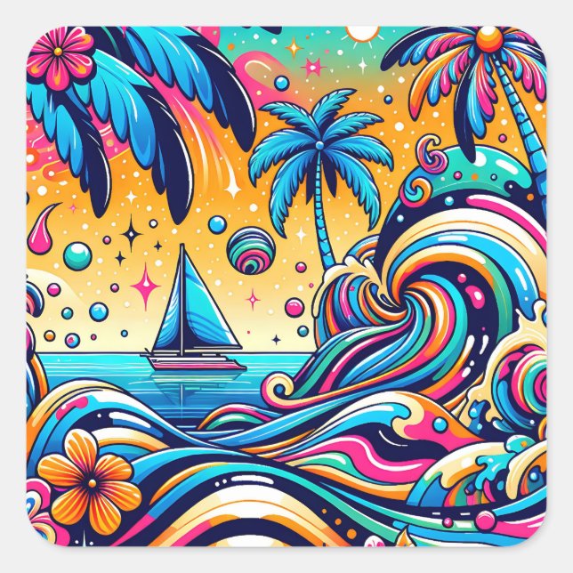 Fun Whimsical Psychedelic Sailboat  Square Sticker (Front)