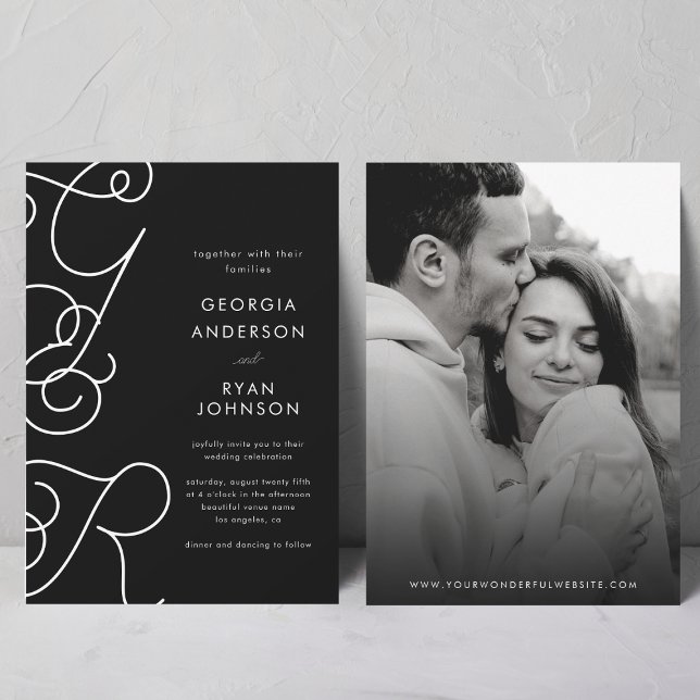 Fun Whimsical Script Monogram Black White Wedding Invitation (Creator Uploaded)