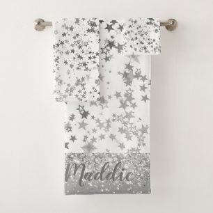Fun Whimsical Silver Stars on White Personalised Bath Towel Set