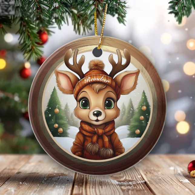 Fun Whimsical Winter Wildlife Christmas Decor  Cer Ceramic Ornament (Fun Whimsical Reindeer with Customizable Name, Winter Wildlife Christmas Deer Ceramic Ornament  🎄🦌)