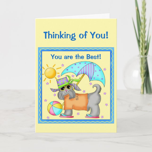 Fun Whimsy Beach Dog Yellow Thinking of You Card (Front)