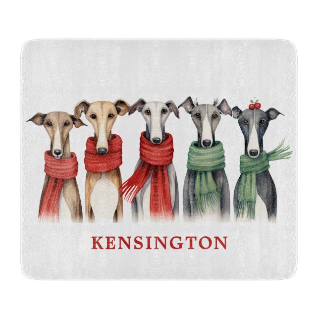 Fun Whippets in Winter Scarves Cutting Board (Front)