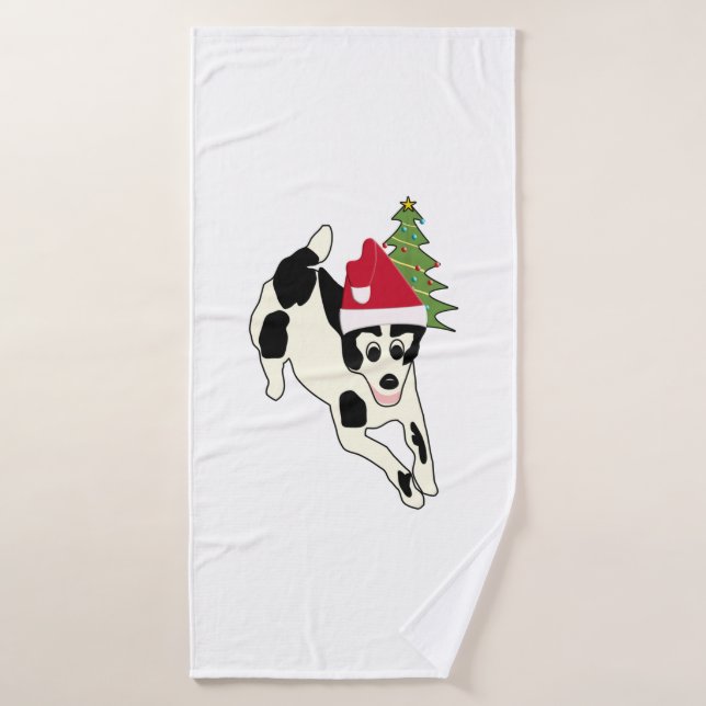 Fun White and Black Dog in Santa Hat   Bath Towel (Bath Towel)
