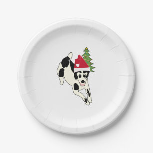 Fun White and Black Dog in Santa Hat Paper Plate