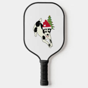 Fun White and Black Dog in Santa Hat Pickleball Paddle