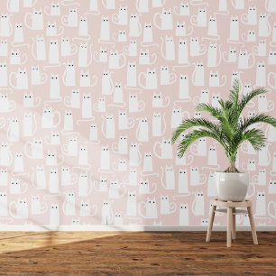 Fun White and Blush Pink Cat Pattern Wallpaper