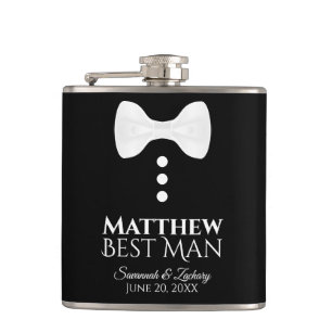 Fun White Bow Tie Tuxedo Best Man Wedding Hip Flask