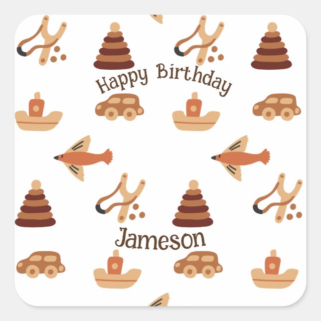 Fun White Brown Kids Toy Car Plane Boat Birthday Square Sticker (Front)
