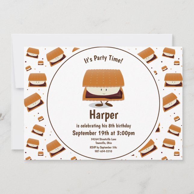 Fun White Brown S’more Pattern Kid’s Birthday Invitation (Front)