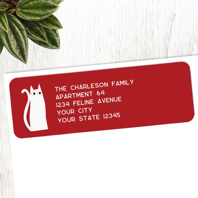 Fun White Cat Red Return Address Label (White cat on red personalized return address label perfect for Christmas and the Winter Holidays)