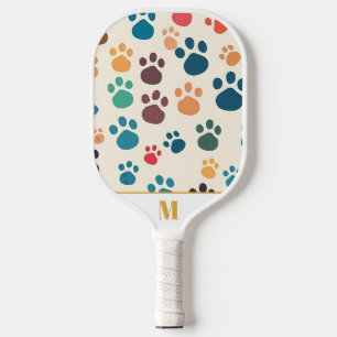 Fun White Colourful Monogram Dog Paw Pattern Pickleball Paddle