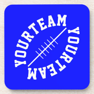Fun White Football Shape YOUR TEAM On Bright Blue Coaster