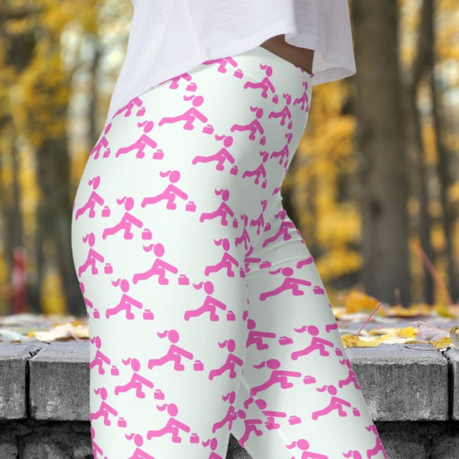 Fun White Mint and Pink Womens Curling Pattern Leggings (Womens Curling on White Mint Cream Leggings)