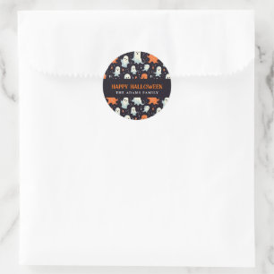 Fun White & Orange Ghosts Happy Halloween Classic Round Sticker