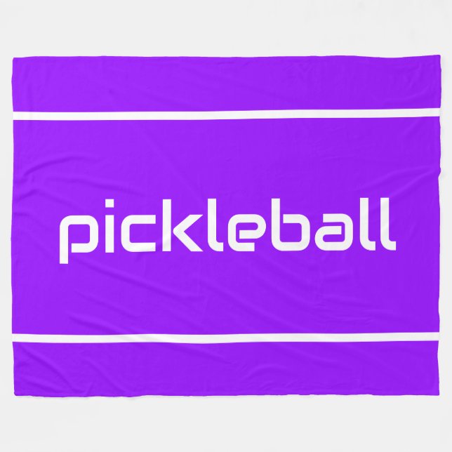 Fun White PICKLEBALL Text Stripes On Bright Purple Fleece Blanket (Front (Horizontal))