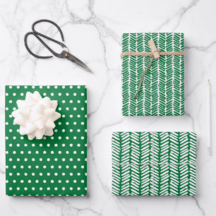 Fun White Polka Dots Chevron Stripes On Green Wrapping Paper Sheet