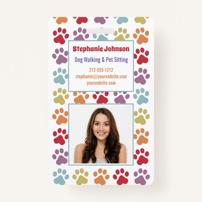 Fun White Rainbow Coloured Paw Prints Dog Walker I ID Badge (Front)