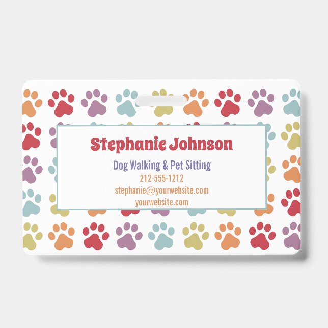 Fun White Rainbow Coloured Paw Prints Dog Walking  ID Badge (Front)