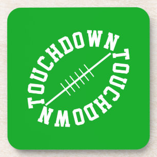 Fun White Slant Football TOUCHDOWN On Bright Green Coaster