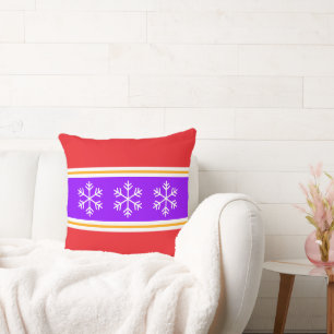 Fun White Snowflakes Bright Purple Red Stripes Cushion