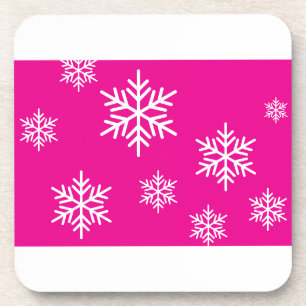 Fun White Snowflakes On Bright Peppermint Pink Coaster