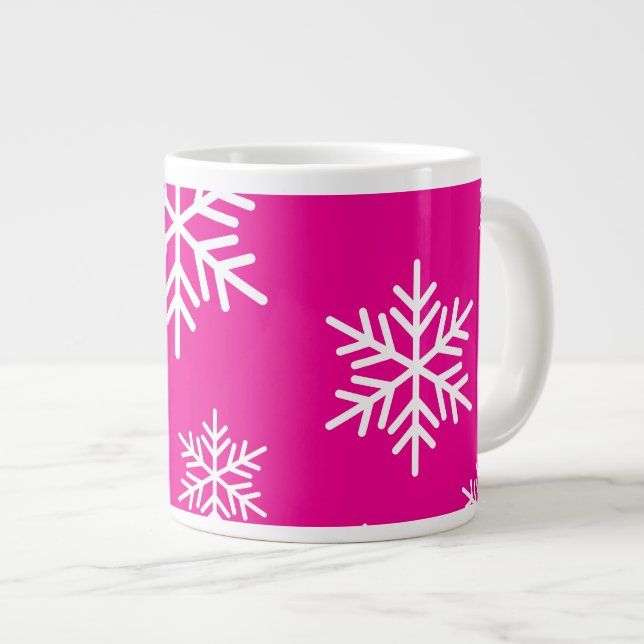 Fun White Snowflakes Peppermint Pink Background Large Coffee Mug (Front Right)
