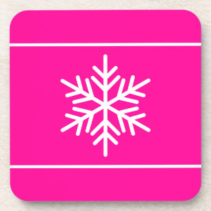 Fun White Stylish Snowflake Stripes On Bright Pink Coaster
