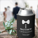 Fun White Tie Groomsman Wedding Foam Can Cooler<br><div class="desc">These fun foam can coolers are designed as gifts or favours for your groomsmen. They feature a fun design of a white tie with three buttons on a black background, conjuring the idea of a tuxedo. The text reads "Groomsman" and has a space for his name as well as the...</div>