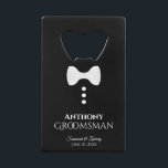 Fun White Tie Tuxedo Groomsman Wedding<br><div class="desc">This fun bottle opener is designed as a gift for Groomsmen. Features a fun design with a white tie and three buttons on a black background resembling a tuxedo. The text reads "Groomsman" with a place for his name, the wedding couple's names and wedding date. Great thank you gift or...</div>