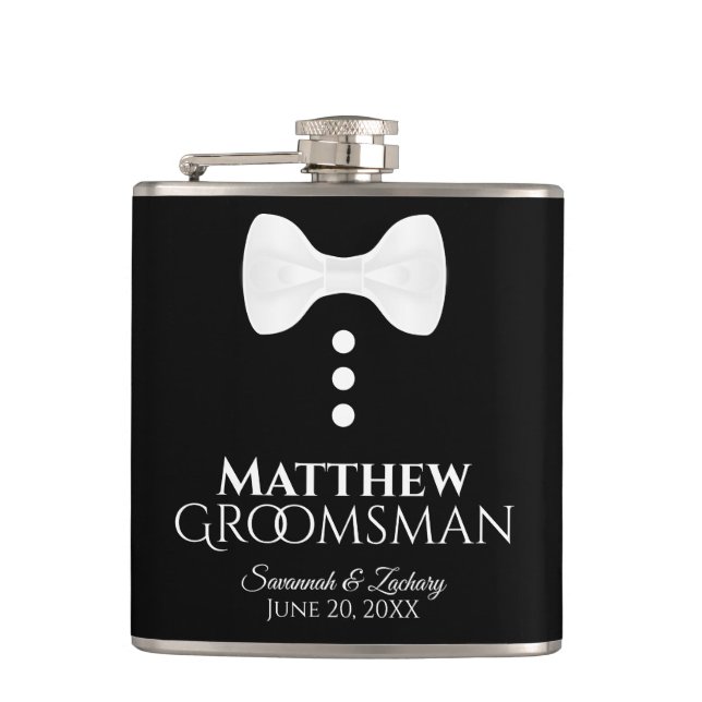Fun White Tie Tuxedo Groomsman Wedding Flask (Front)
