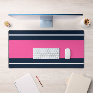 Fun Wide Bold Pink White Navy Blue Racing Stripes Desk Mat