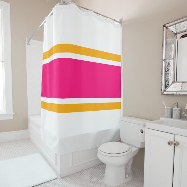 Fun Wide Colourful Candy Pink Yellow Racing Stripe Shower Curtain (In Situ)