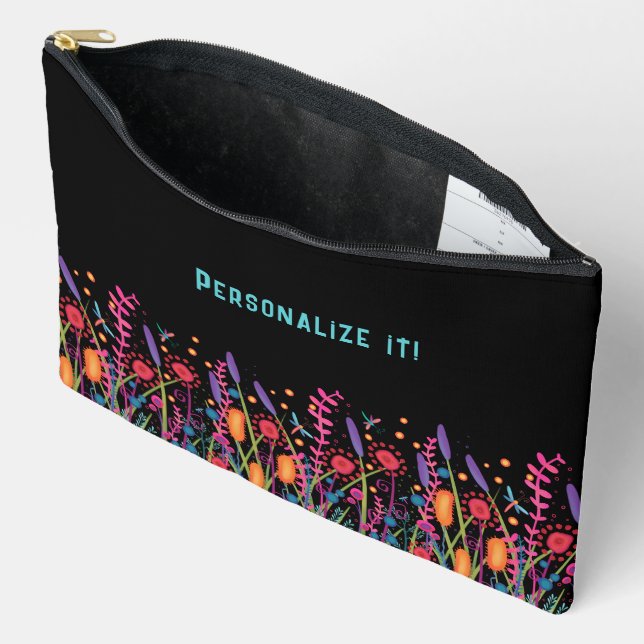 Fun Wildflowers Black Floral Custom Name Accessory Pouch (Open)